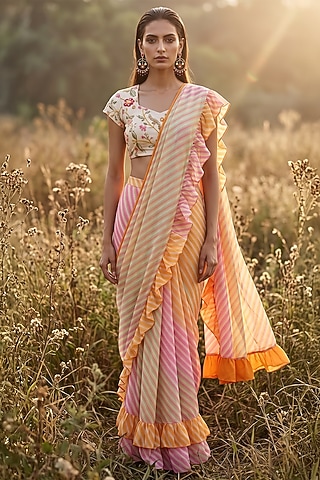 Yellow Georgette Abstract Printed Draped Saree Set by Basanti - Kapde aur Koffee