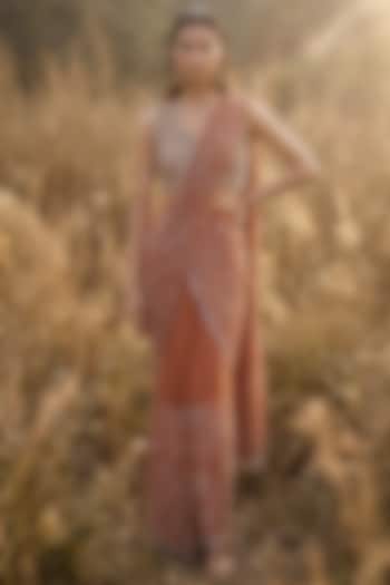 Rust Organza Sequin Embroidered Draped Party Wear Saree Set by Basanti - Kapde aur Koffee at Pernia's Pop Up Shop
