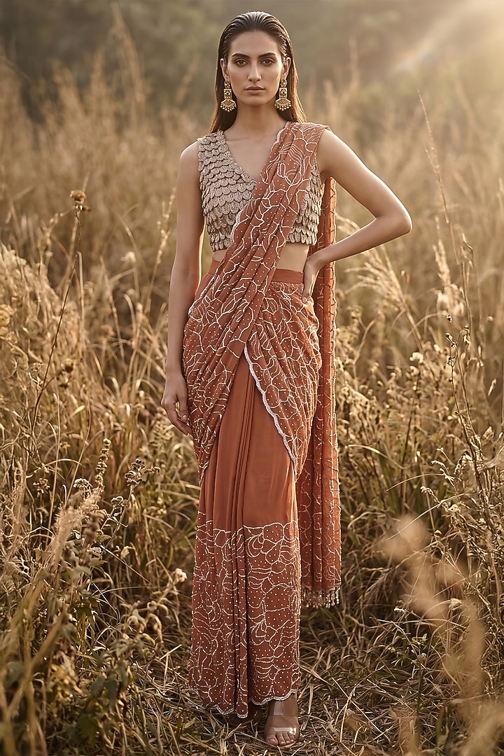 Rust Organza Sequin Embroidered Draped Party Wear Saree Set by Basanti - Kapde aur Koffee at Pernia's Pop Up Shop