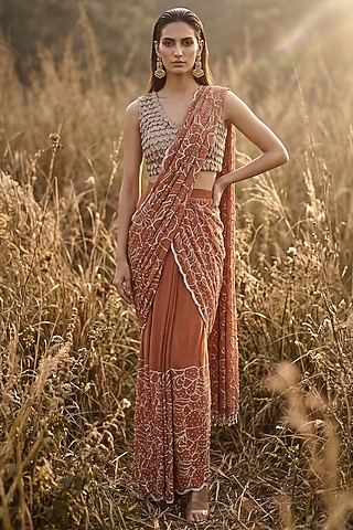 Rust Organza Sequin Embroidered Draped Saree Set by Basanti - Kapde aur Koffee