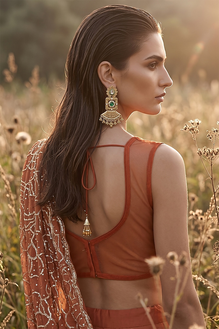 Rust Organza Sequin Embroidered Draped Party Wear Saree Set by Basanti - Kapde aur Koffee at Pernia's Pop Up Shop