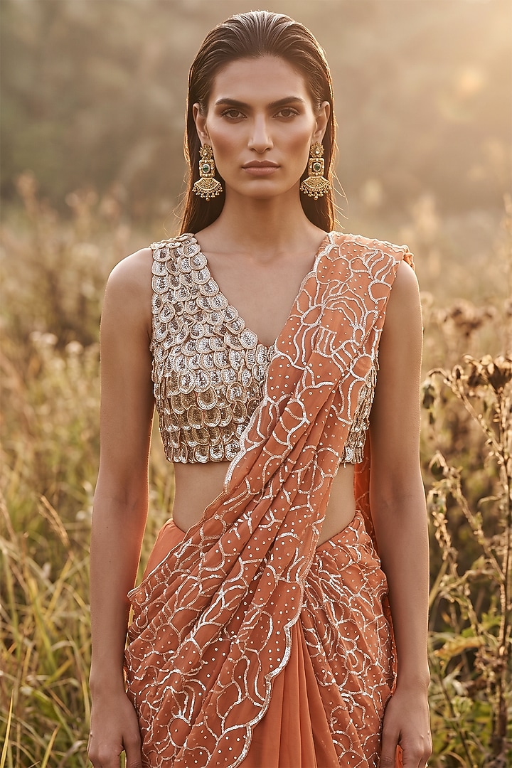 Rust Organza Sequin Embroidered Draped Party Wear Saree Set by Basanti - Kapde aur Koffee at Pernia's Pop Up Shop