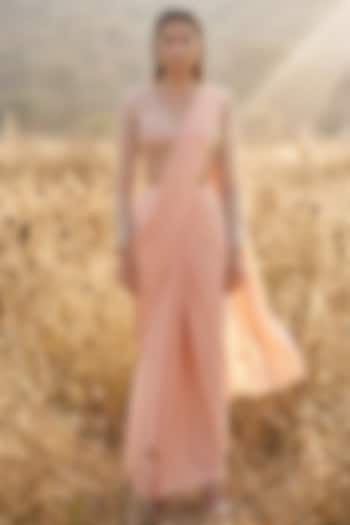 Peach Soft Stretch Shimmer Draped Wedding Saree Set by Basanti - Kapde aur Koffee at Pernia's Pop Up Shop
