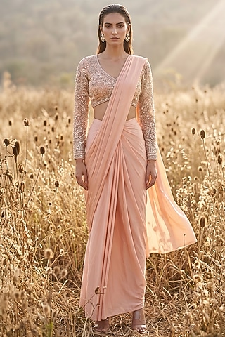 Peach Soft Stretch Shimmer Draped Saree Set by Basanti - Kapde aur Koffee