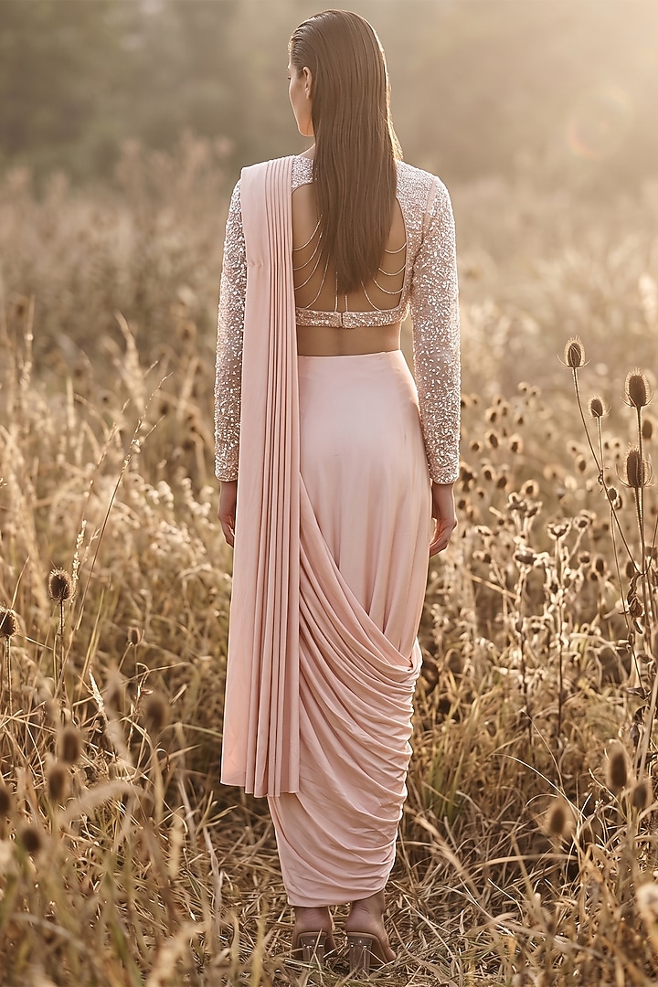 Peach Soft Stretch Shimmer Draped Wedding Saree Set by Basanti - Kapde aur Koffee at Pernia's Pop Up Shop