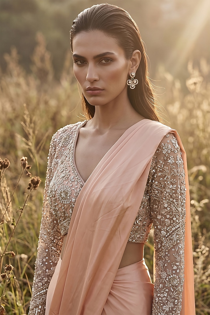 Peach Soft Stretch Shimmer Draped Wedding Saree Set by Basanti - Kapde aur Koffee at Pernia's Pop Up Shop