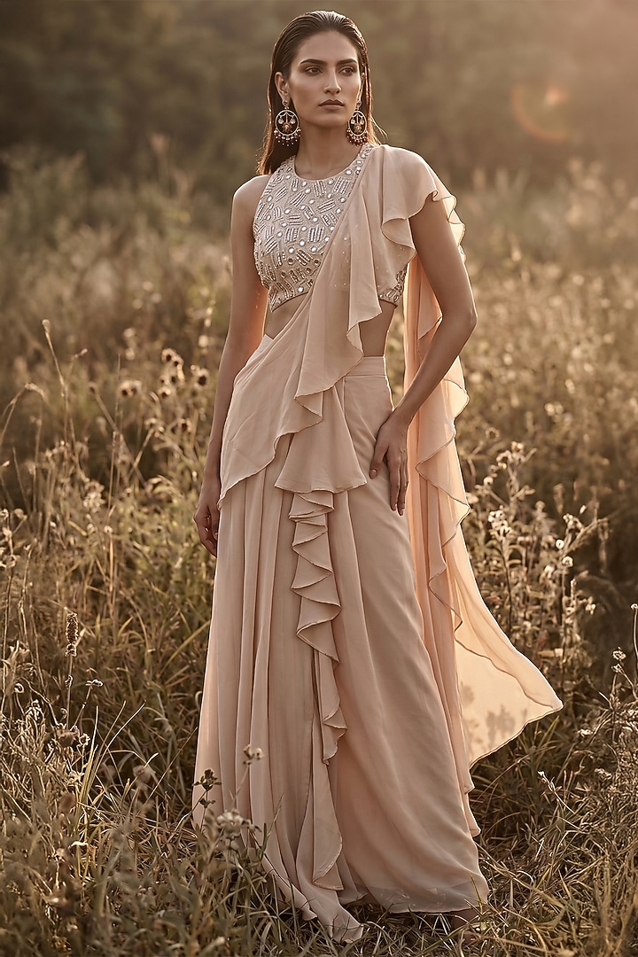 Ivory Georgette Draped Festive Saree Set by Basanti - Kapde aur Koffee at Pernia's Pop Up Shop