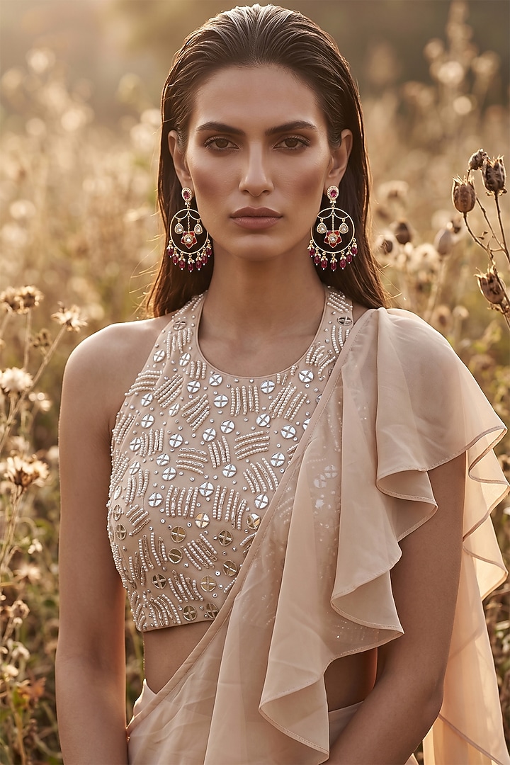 Ivory Georgette Draped Festive Saree Set by Basanti - Kapde aur Koffee at Pernia's Pop Up Shop