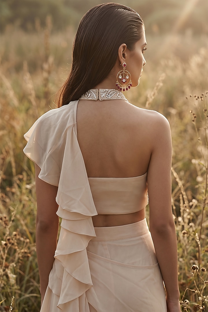 Ivory Georgette Draped Festive Saree Set by Basanti - Kapde aur Koffee at Pernia's Pop Up Shop