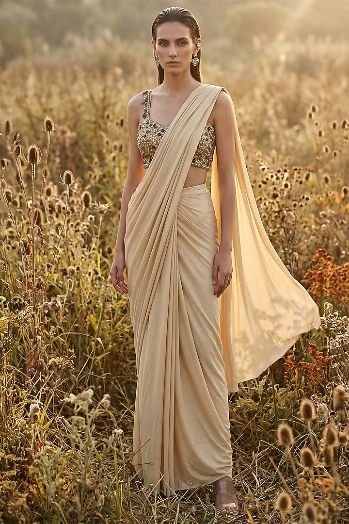 Gold Soft Stretch Shimmer Draped Party Wear Saree Set by Basanti - Kapde aur Koffee at Pernia's Pop Up Shop