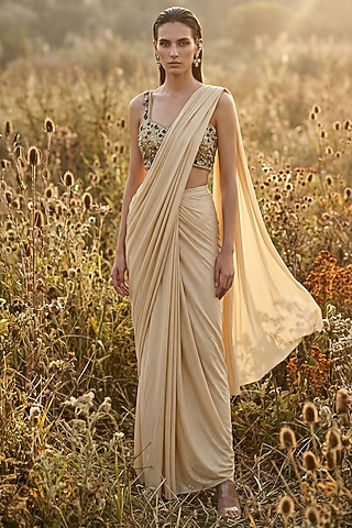 Gold Soft Stretch Shimmer Draped Saree Set by Basanti - Kapde aur Koffee