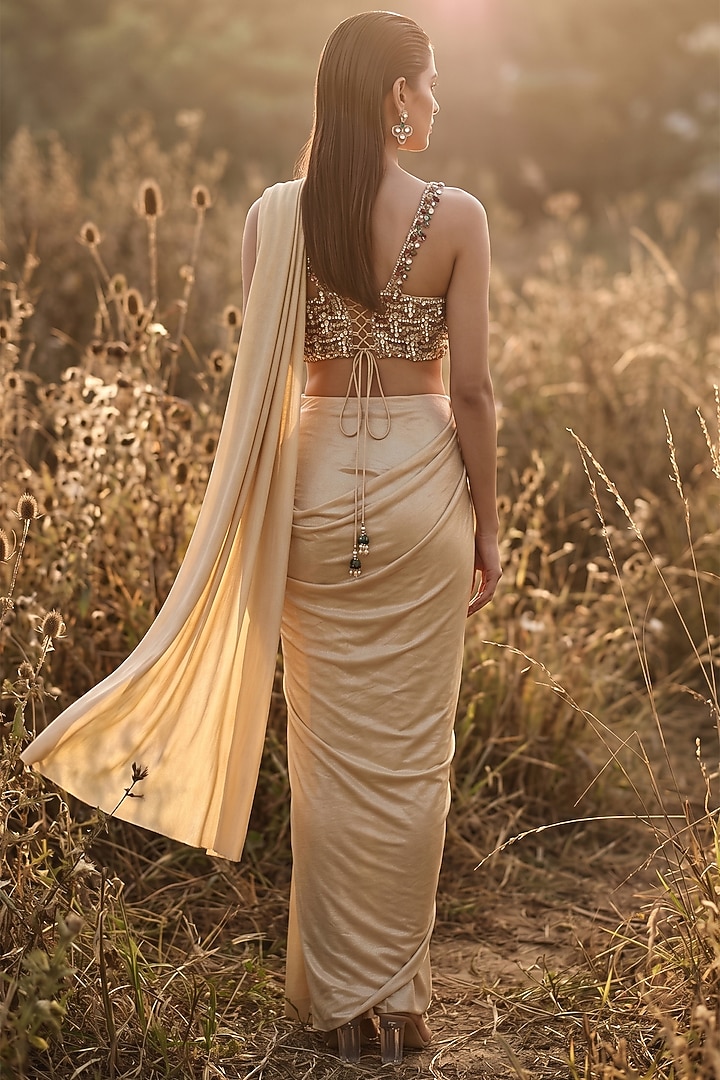 Gold Soft Stretch Shimmer Draped Party Wear Saree Set by Basanti - Kapde aur Koffee at Pernia's Pop Up Shop