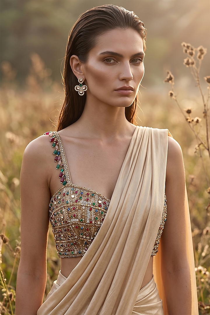 Gold Soft Stretch Shimmer Draped Party Wear Saree Set by Basanti - Kapde aur Koffee at Pernia's Pop Up Shop