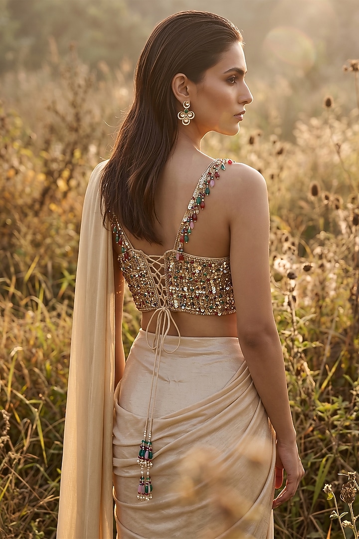 Gold Soft Stretch Shimmer Draped Party Wear Saree Set by Basanti - Kapde aur Koffee at Pernia's Pop Up Shop