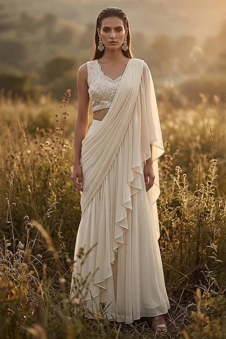 Ivory Organza Draped Party Wear Saree Set by Basanti - Kapde aur Koffee at Pernia's Pop Up Shop