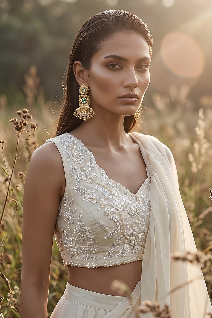 Ivory Organza Draped Party Wear Saree Set by Basanti - Kapde aur Koffee at Pernia's Pop Up Shop