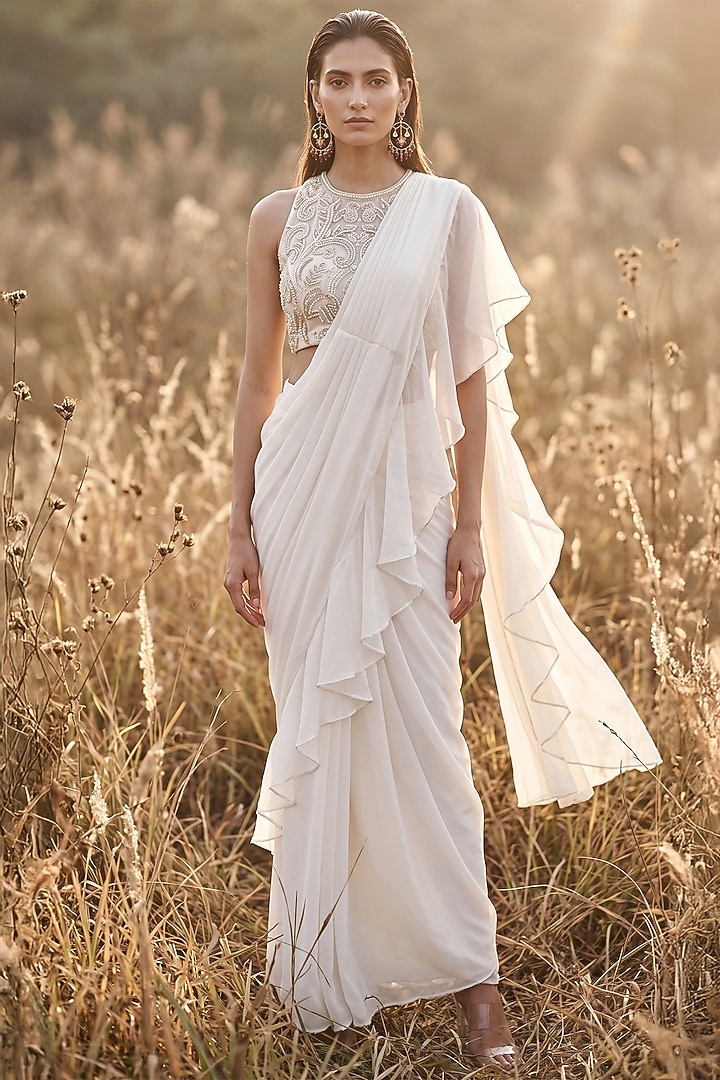 Ivory Organza Draped Festive Saree Set by Basanti - Kapde aur Koffee at Pernia's Pop Up Shop