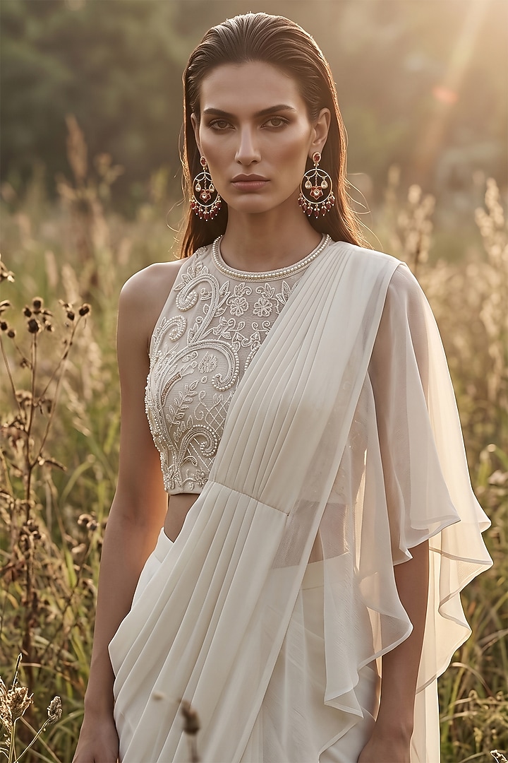 Ivory Organza Draped Festive Saree Set by Basanti - Kapde aur Koffee at Pernia's Pop Up Shop