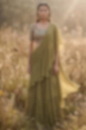 Olive Green Chinon Draped Party Wear Saree Set by Basanti - Kapde aur Koffee at Pernia's Pop Up Shop