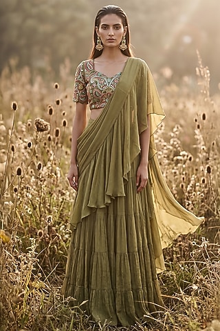 Olive Green Chinon Draped Saree Set by Basanti - Kapde aur Koffee