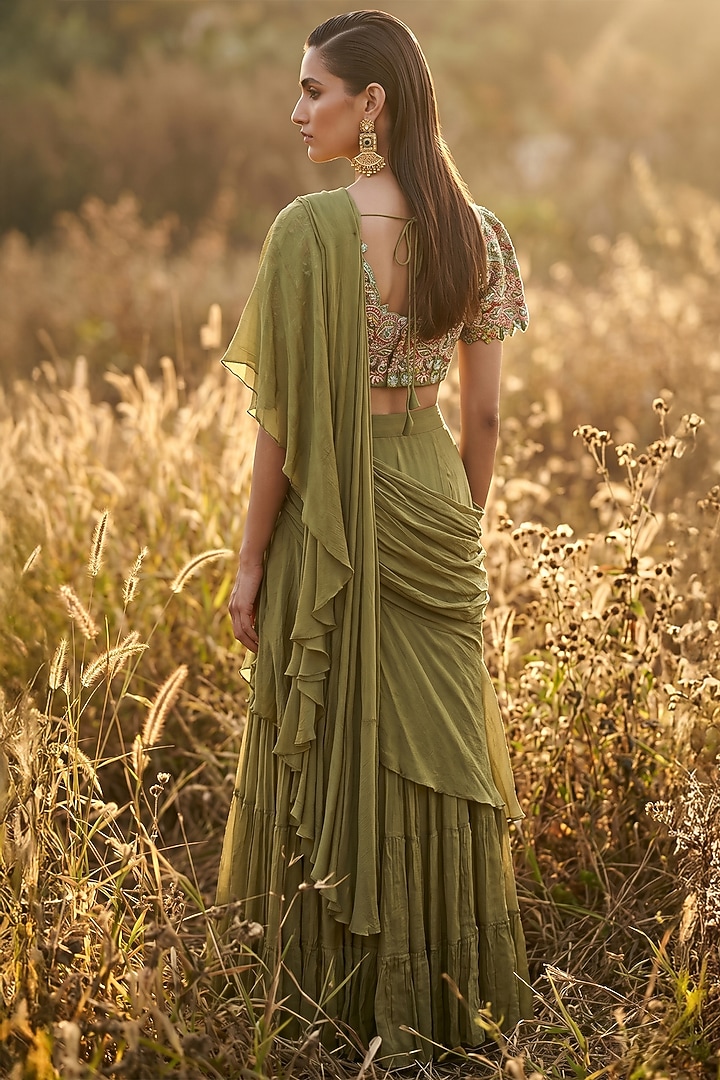 Olive Green Chinon Draped Party Wear Saree Set by Basanti - Kapde aur Koffee at Pernia's Pop Up Shop
