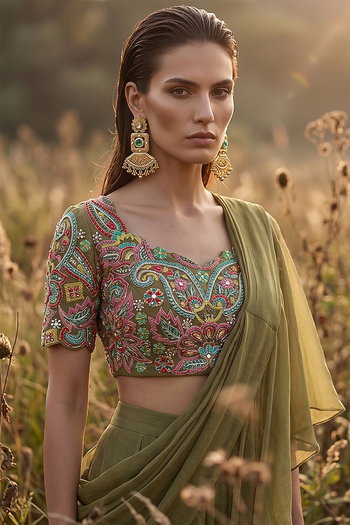 Olive Green Chinon Draped Party Wear Saree Set by Basanti - Kapde aur Koffee at Pernia's Pop Up Shop