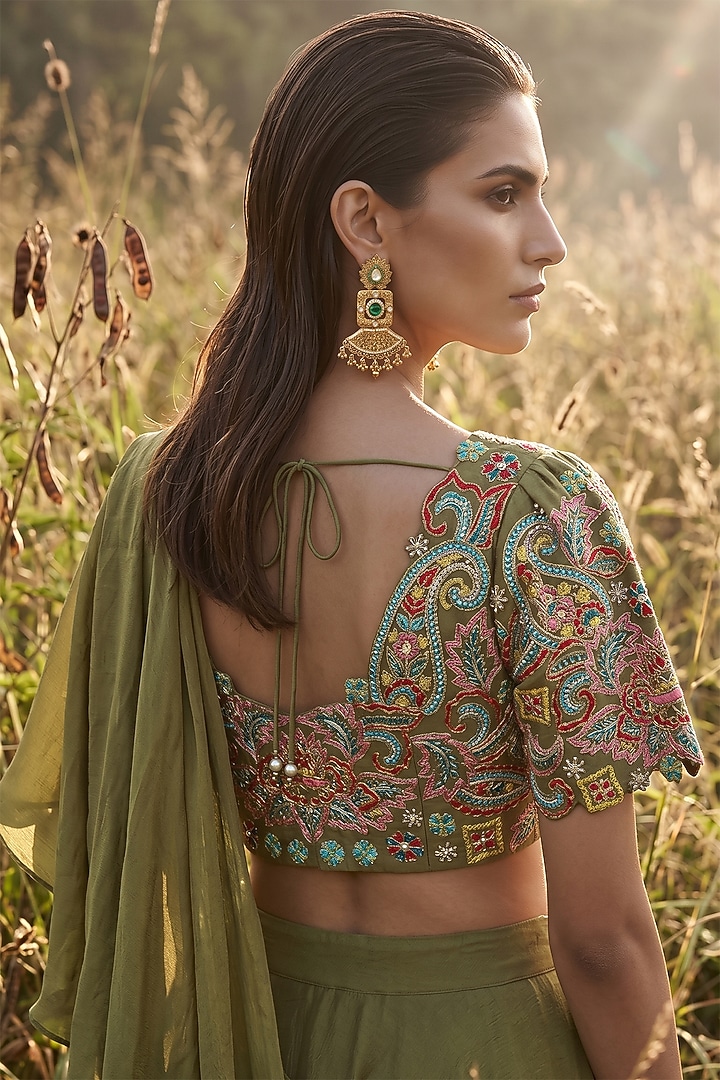 Olive Green Chinon Draped Party Wear Saree Set by Basanti - Kapde aur Koffee at Pernia's Pop Up Shop