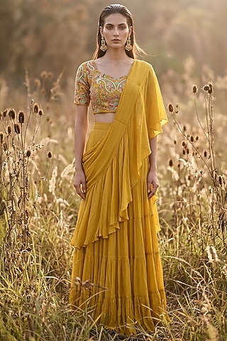 Mustard Chinon Draped Saree Set by Basanti - Kapde aur Koffee