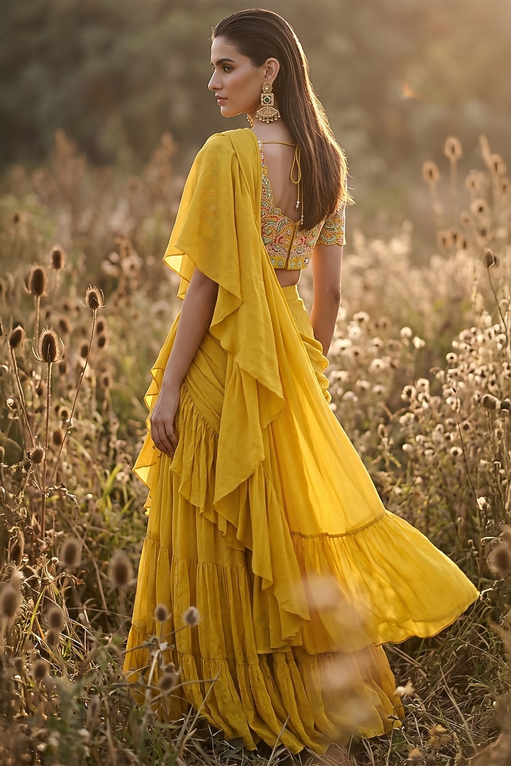 Mustard Chinon Draped Party Wear Saree Set by Basanti - Kapde aur Koffee at Pernia's Pop Up Shop
