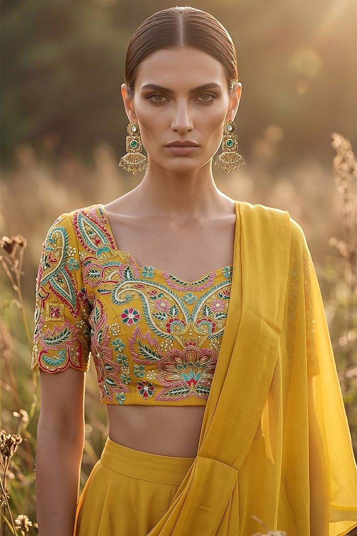 Mustard Chinon Draped Party Wear Saree Set by Basanti - Kapde aur Koffee at Pernia's Pop Up Shop