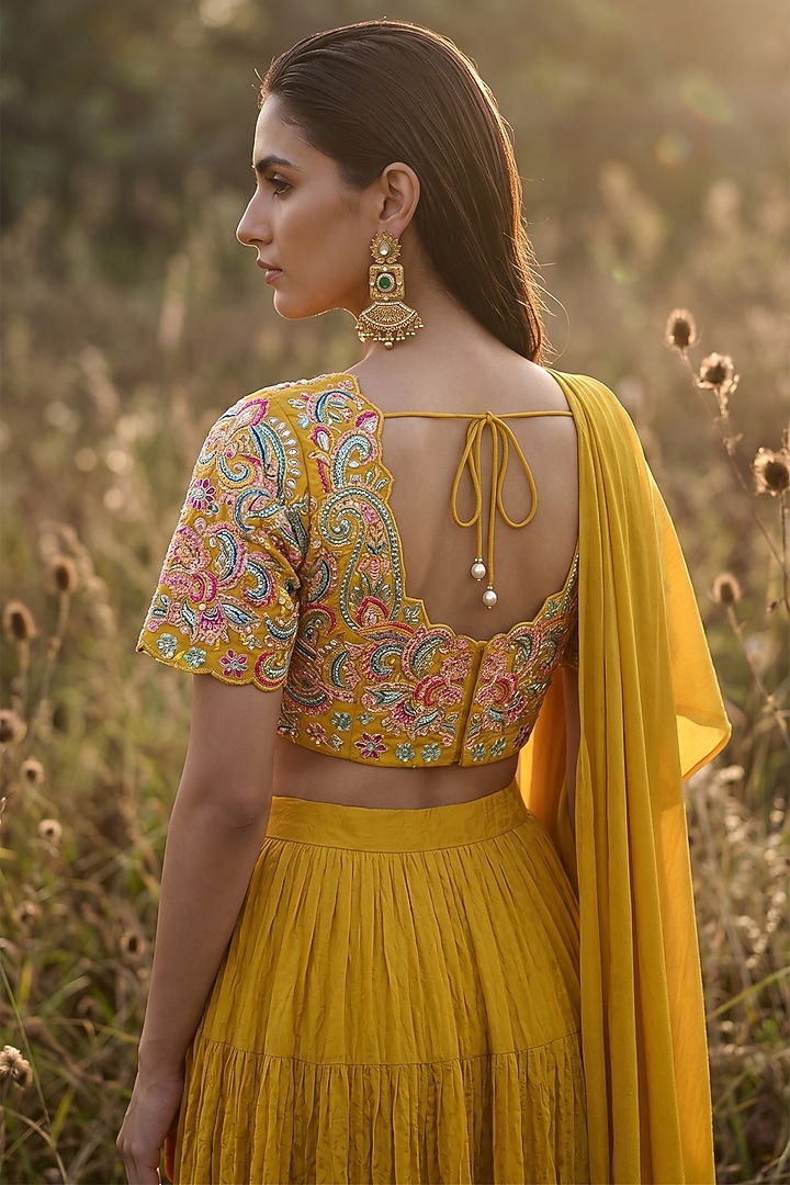 Mustard Chinon Draped Party Wear Saree Set by Basanti - Kapde aur Koffee at Pernia's Pop Up Shop