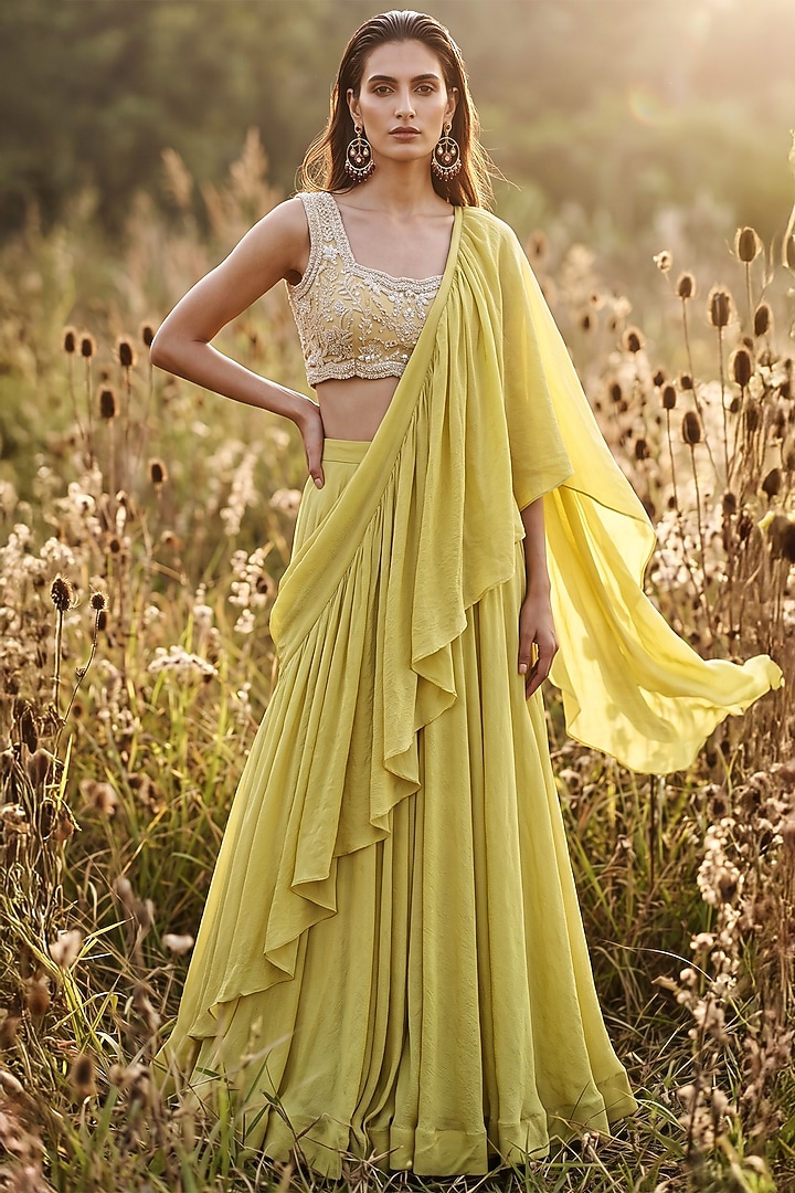 Pista Green Chinon Draped Party Wear Saree Set by Basanti - Kapde aur Koffee at Pernia's Pop Up Shop