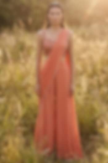 Rust Chinon Draped Sharara Festive Saree Set by Basanti - Kapde aur Koffee at Pernia's Pop Up Shop