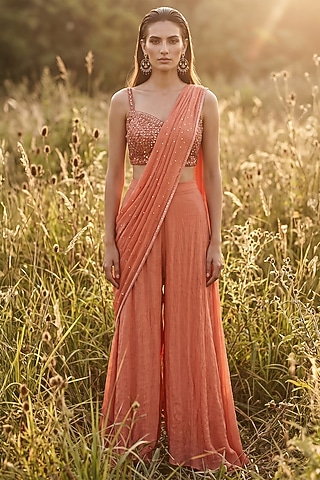 Rust Chinon Draped Sharara Saree Set by Basanti - Kapde aur Koffee