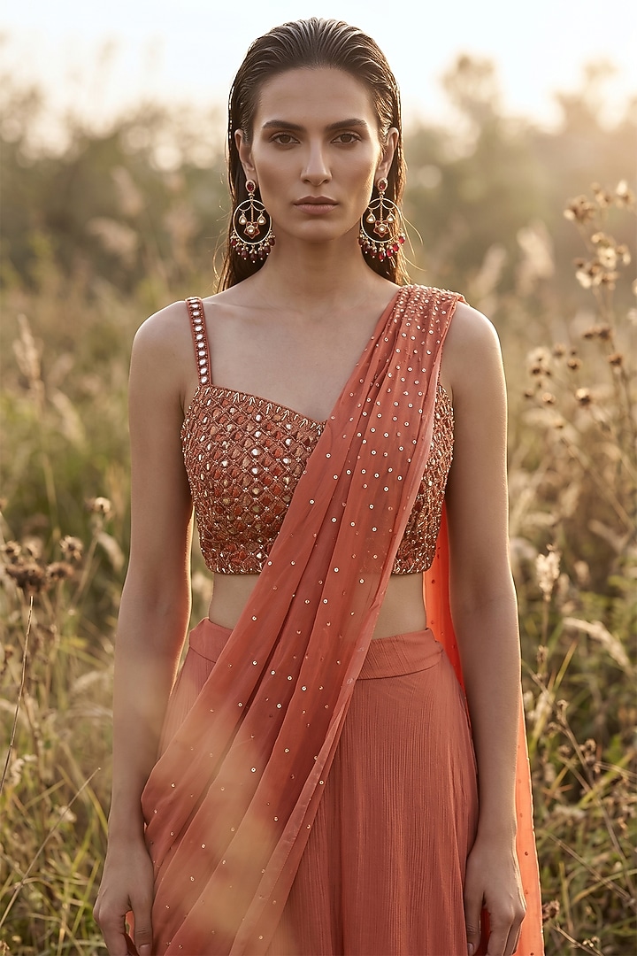 Rust Chinon Draped Sharara Festive Saree Set by Basanti - Kapde aur Koffee at Pernia's Pop Up Shop