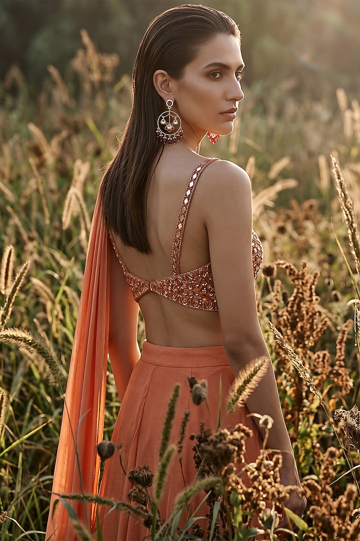 Rust Chinon Draped Sharara Festive Saree Set by Basanti - Kapde aur Koffee at Pernia's Pop Up Shop