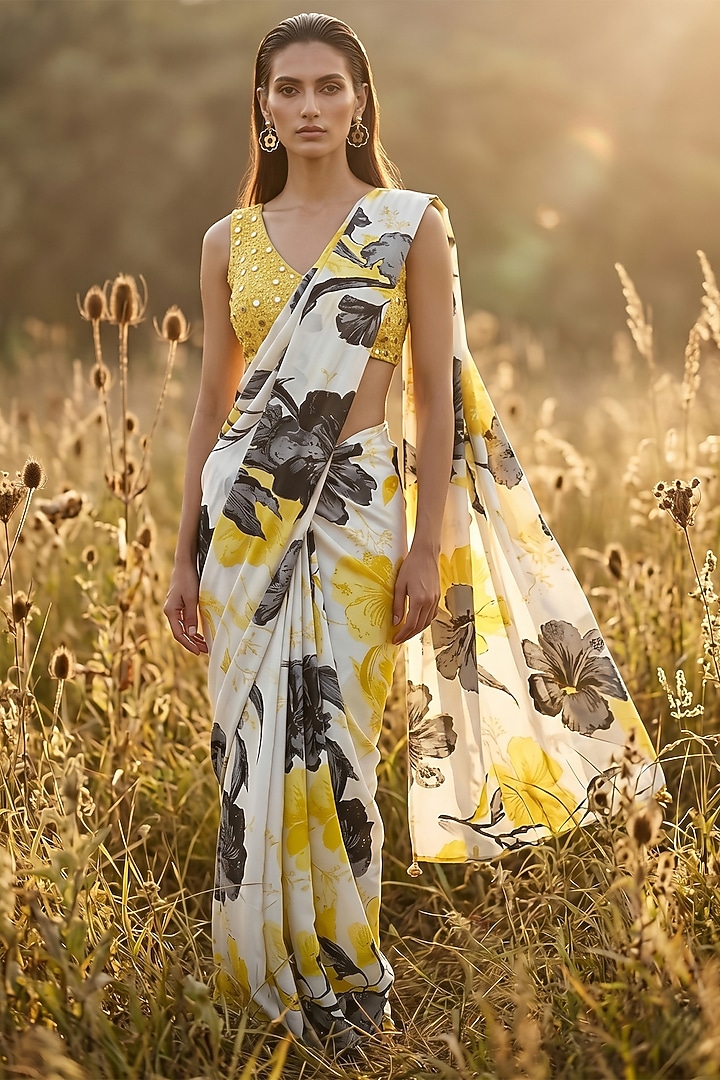 Yellow Crepe Printed Party Wear Saree Set by Basanti - Kapde aur Koffee at Pernia's Pop Up Shop