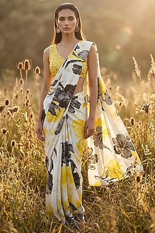 Yellow Crepe Printed Saree Set by Basanti - Kapde aur Koffee