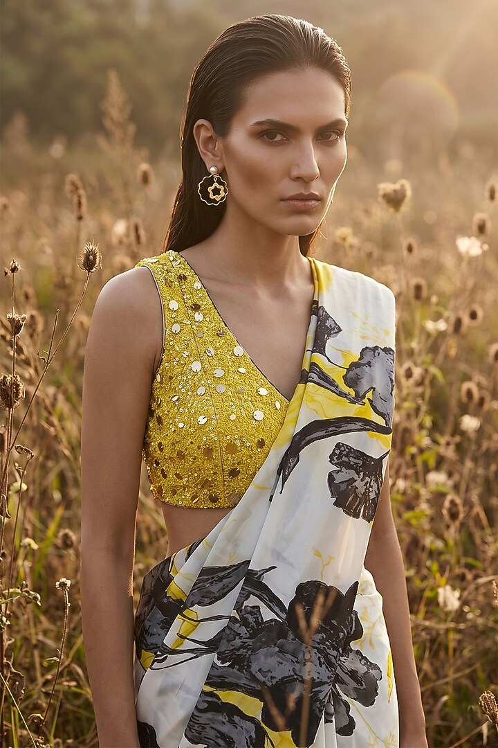 Yellow Crepe Printed Party Wear Saree Set by Basanti - Kapde aur Koffee at Pernia's Pop Up Shop