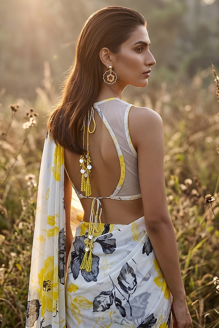 Yellow Crepe Printed Party Wear Saree Set by Basanti - Kapde aur Koffee at Pernia's Pop Up Shop