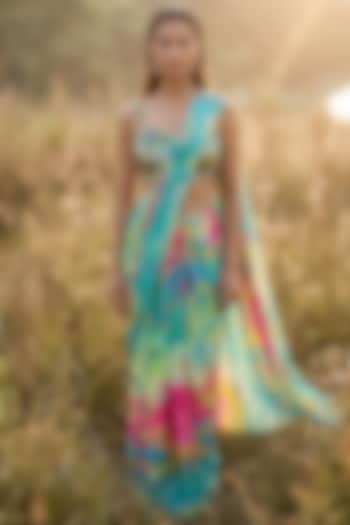 Aqua Crepe Printed Party Wear Saree Set by Basanti - Kapde aur Koffee at Pernia's Pop Up Shop
