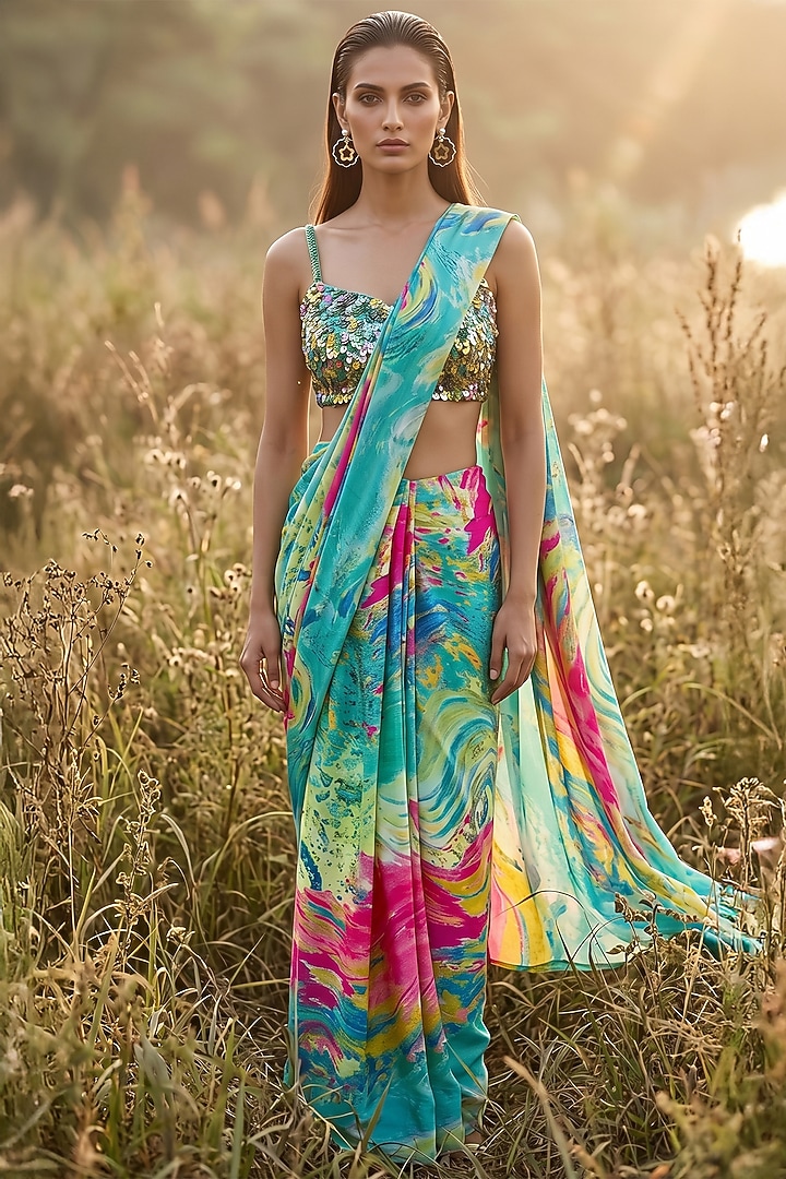 Aqua Crepe Printed Party Wear Saree Set by Basanti - Kapde aur Koffee at Pernia's Pop Up Shop
