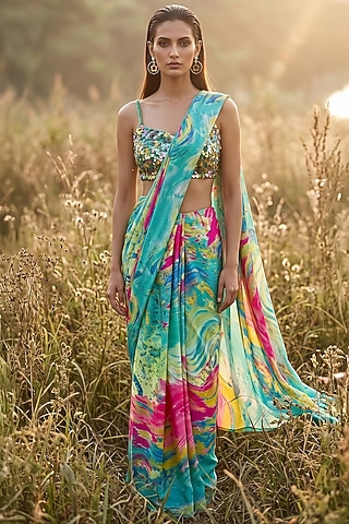 Aqua Crepe Printed Saree Set by Basanti - Kapde aur Koffee