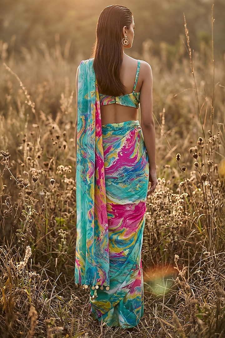 Aqua Crepe Printed Party Wear Saree Set by Basanti - Kapde aur Koffee at Pernia's Pop Up Shop