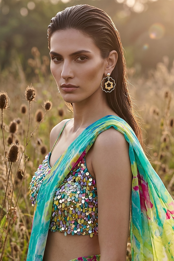 Aqua Crepe Printed Party Wear Saree Set by Basanti - Kapde aur Koffee at Pernia's Pop Up Shop