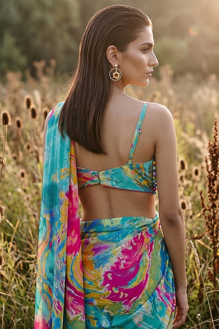 Aqua Crepe Printed Party Wear Saree Set by Basanti - Kapde aur Koffee at Pernia's Pop Up Shop