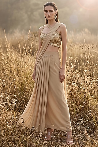 Beige Georgette Draped Saree Set by Basanti - Kapde aur Koffee