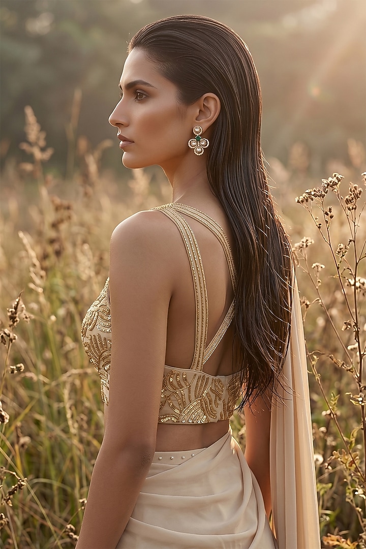 Beige Georgette Draped Festive Saree Set by Basanti - Kapde aur Koffee at Pernia's Pop Up Shop