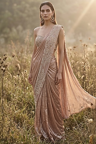 Rose Gold Tissue Cutdana Embroidered Draped Saree Set by Basanti - Kapde aur Koffee