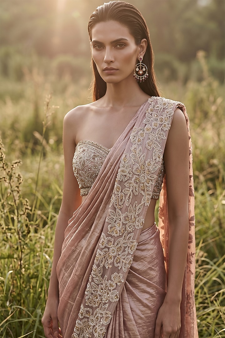 Rose Gold Tissue Cutdana Embroidered Draped Wedding Saree Set by Basanti - Kapde aur Koffee at Pernia's Pop Up Shop